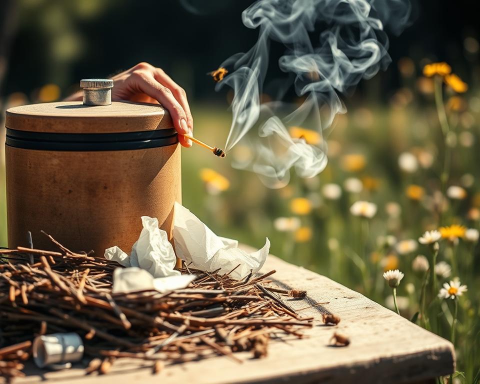 A detailed step-by-step visual guide on lighting a smoker for beekeeping, featuring a close-up foreground of a traditional beekeeping smoker surrounded by dry pine needles, crumpled paper, and small twigs. The middle ground includes hands in modest, professional attire gently placing a match near the smoker's vent, with a soft glow of light illuminating smoke rising gracefully from the smoker. In the background, a sunny meadow captures hints of blooming wildflowers and a few buzzing bees, establishing a serene atmosphere. The scene is lit with warm, natural light, enhancing the sense of calm and focus, shot with a shallow depth of field for a professional look. The composition invites viewers to learn and feel connected to the art of beekeeping.