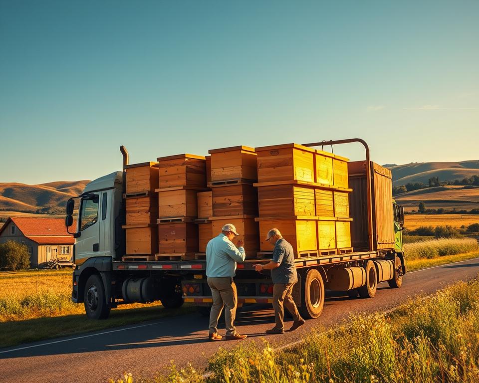 A detailed, vibrant scene depicting the long-distance transportation of beehives, showcasing a large, sturdy truck parked on a rural road under a clear blue sky. In the foreground, several wooden beehives are securely fastened in the truck's bed, showcasing their distinct shape and colors. Bees can be seen buzzing around the hives, hinting at their activity. In the middle, a loading crew composed of two professional individuals dressed in modest casual clothing, carefully inspects the hives, emphasizing safety and precision in their work. The background features a picturesque landscape of rolling hills and fields, with wildflowers gently swaying in the breeze. The warm, afternoon sunlight casts a golden hue over the scene, creating a calm and focused atmosphere, highlighting the importance of safe beehive transportation.