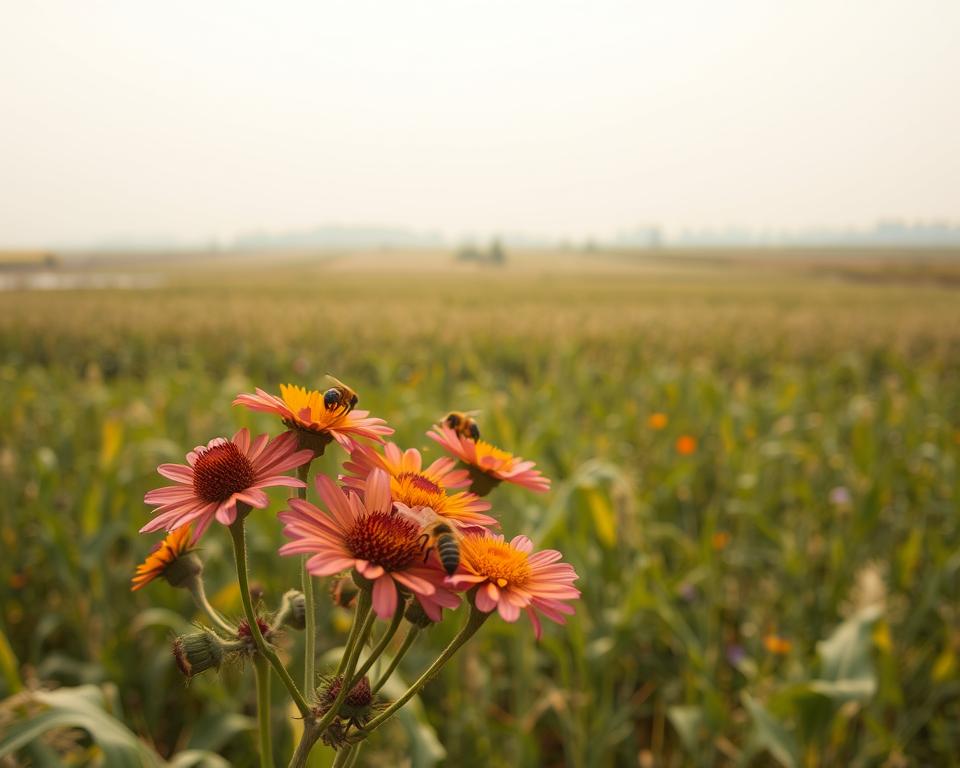 A poignant scene illustrating the impact of pesticides on bees in a monoculture environment. In the foreground, show a cluster of vibrant wildflowers with a few bees, their delicate bodies visibly affected, appearing sluggish as they land on the blossoms. In the middle ground, a vast expanse of a single crop, like a cornfield, stretches toward the horizon, revealing the lack of biodiversity. The background features a hazy sky, casting soft, diffused light over the landscape, enhancing the somber mood. Use a shallow depth of field to focus on the bees while slightly blurring the vast monoculture, emphasizing their struggle. Convey a sense of urgency and concern for bee health amidst the harsh agricultural practices.