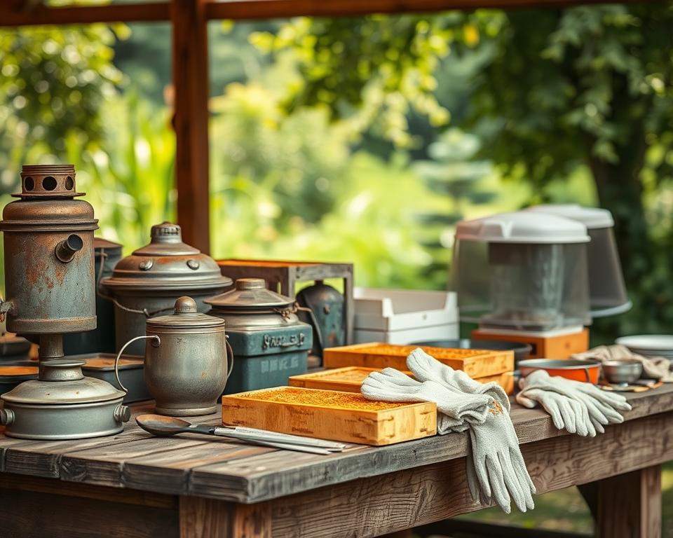 A rustic outdoor market stall displaying a variety of used beekeeping supplies for sale. In the foreground, focus on a weathered wooden table covered with essential items: a metal smoker with a rustic finish, several honey extractors, and frames of honeycomb, all showing signs of gentle wear. In the middle ground, there are protective beekeeping veils and gloves neatly arranged next to some bee feeders. The background features a blurred green garden scene, with soft, natural sunlight filtering through the trees, creating a warm and inviting atmosphere. The angle is slightly tilted to capture the vibrant colors and textures of the equipment, while maintaining a professional feel suited for a beginner’s guide to purchasing used beekeeping gear.