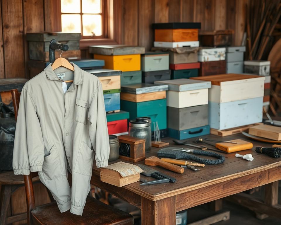 A rustic wooden table displays an assortment of used beekeeping supplies for sale, including weathered hives, protective clothing, and various tools like smokers and hive tools. In the foreground, a gently worn beekeeping suit hangs on a chair, hinting at its previous use. The middle ground features different hive designs, some painted in bright colors, while others show natural wood finishes, conveying a sense of history and care. In the background, soft golden hour lighting filters through a window, casting warm, inviting shadows. The atmosphere is calm and reflective, evoking the importance of safety and sanitation in the beekeeping process. The scene is clean and organized, emphasizing the quality of these second-hand items, suitable for beginners entering this fascinating hobby.