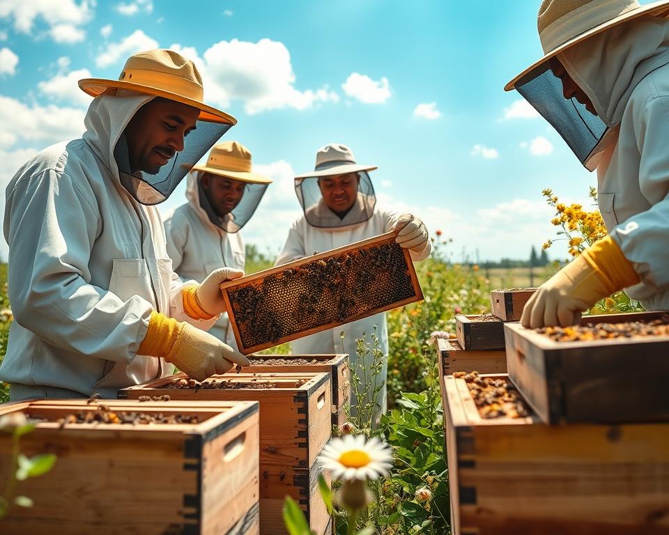 A serene apiary scene depicting best practices for chalkbrood disease prevention. In the foreground, a diverse group of three beekeepers in professional attire, including protective suits and gloves, examines healthy bee colonies in wooden hives. One beekeeper is gently lifting a frame to inspect, showcasing vibrant bees and clean honeycomb. In the middle ground, a lush garden of flowering plants encourages pollination and biodiversity, with a focus on healthy blooms that attract bees. The background features a sunny, blue sky with soft, white clouds, highlighting a peaceful countryside setting. The lighting is warm and natural, with a bright, inviting atmosphere that conveys a sense of hope and proactive management in bee health.
