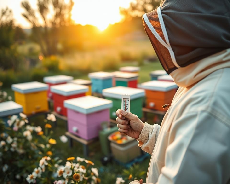 A serene apiary scene focused on temperature management in beekeeping, capturing a beekeeper in the foreground, clad in professional attire, carefully monitoring a thermometer placed strategically near a hive. The middle ground features vibrant beehives, painted in cheerful colors, surrounded by blooming flowers that hint at seasonal changes. In the background, a soft sunrise casts warm golden light across the landscape, creating an inviting atmosphere. The angle is slightly elevated, showcasing the arrangement of hives and the lush greenery of the surroundings. The mood conveys tranquility and diligence, emphasizing the importance of maintaining optimal temperatures for brood rearing during broodless periods, while the soft lighting enhances the natural beauty of the setting. A serene apiary scene focused on temperature management in beekeeping, capturing a beekeeper in the foreground, clad in professional attire, carefully monitoring a thermometer placed strategically near a hive. The middle ground features vibrant beehives, painted in cheerful colors, surrounded by blooming flowers that hint at seasonal changes. In the background, a soft sunrise casts warm golden light across the landscape, creating an inviting atmosphere. The angle is slightly elevated, showcasing the arrangement of hives and the lush greenery of the surroundings. The mood conveys tranquility and diligence, emphasizing the importance of maintaining optimal temperatures for brood rearing during broodless periods, while the soft lighting enhances the natural beauty of the setting.