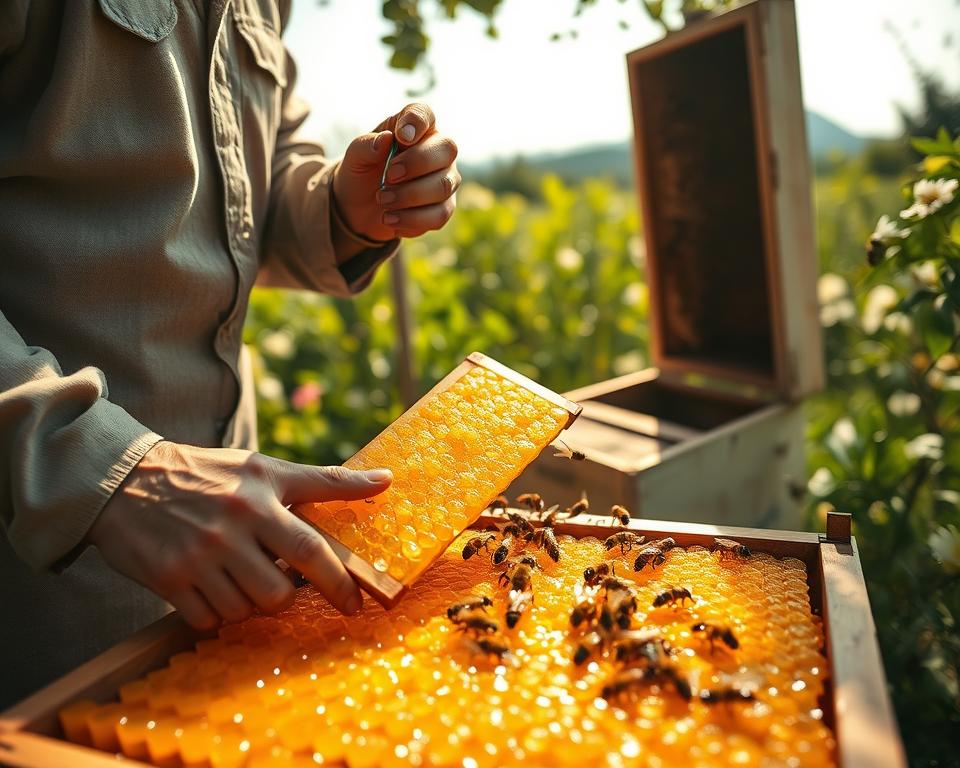 A serene beekeeping scene depicting the process of honey extraction. In the foreground, a beekeeper in modest, professional clothing carefully inspects a honey super filled with golden, glistening honeycombs, with tools like a hive tool and smoker nearby. The middle ground showcases an open beehive buzzing with activity, highlighting bees working diligently on the frames. In the background, a lush, sunny apiary is visible, with flowering plants attracting bees. Soft, natural light filters through, creating a warm and inviting atmosphere. The angle is slightly elevated, capturing the intricacies of the hive while emphasizing the contrast between the honey's gold and the bees' dark bodies. The mood is productive and peaceful, encapsulating the artisan aspect of beekeeping.