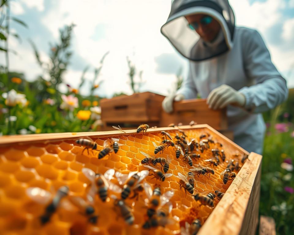 A serene beekeeping scene set in a lush garden, with a beekeeper in professional attire gently inspecting a beehive. In the foreground, detailed close-ups of honeycomb frames showcasing bees at work, with a soft focus on their delicate wings and glistening honey. The middle layer features a well-maintained wooden beehive, with vibrant flowers blooming around it, attracting bees. The background captures a sunny sky with gentle clouds, creating a warm, inviting atmosphere. The lighting is bright and natural, highlighting the textures of the hive and the shiny bees. The mood is calm and focused, reflecting the harmony between nature and beekeeping practices. A slight depth of field adds to the immersive experience.