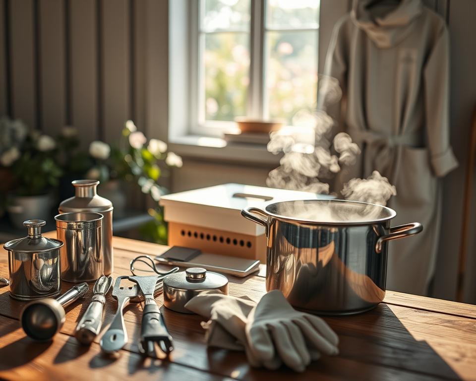 A serene beekeeping workspace showcasing essential sterilization gear. In the foreground, a collection of gleaming stainless steel tools, including a smoker, hive tool, and protective gloves, sit on a wooden table, illuminated by soft, natural light. The middle ground features a large stainless steel pot with steam rising from it, used for sterilizing equipment, alongside a detailed beekeeping suit hanging neatly. In the background, a small window lets in dappled sunlight, illuminating a calm garden with blooming flowers, emphasizing the connection to nature. Capture the meticulous cleanliness and preparation involved in beekeeping, creating an atmosphere of care and diligence. Use a wide-angle lens for depth, highlighting the workspace's organized structure and serene vibe.