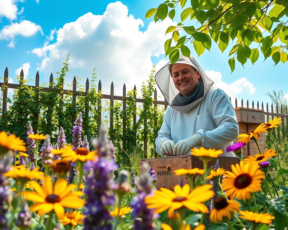 A serene garden scene illustrating bee-friendly practices, featuring colorful flowers in full bloom like lavender, sunflowers, and wildflowers in the foreground, attracting bees and butterflies. In the middle ground, a beekeeper in modest casual clothing gently tending to a beehive, wearing a protective veil and gloves, smiling with a calm demeanor. The background showcases a fence with climbing plants, a vibrant blue sky with soft, fluffy clouds, and warm sunlight filtering through the leaves, creating a welcoming atmosphere. The scene should exude tranquility and harmony with nature, emphasizing the importance of gentle bee handling and a supportive environment for bees. Use a wide-angle lens perspective to capture the depth of the garden and the interaction between the beekeeper and the bees.