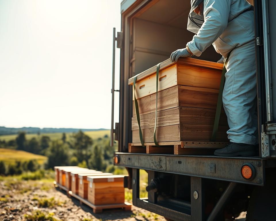 A serene outdoor scene depicting safety precautions during beehive transportation. In the foreground, a beekeeper wearing a protective suit and gloves is carefully securing a wooden beehive onto a sturdy transport truck, using straps for safety. The middle ground features additional beehives lined up, ready for transportation, with cardboard protection around them. The background shows a lush landscape with gentle hills and trees under a bright blue sky, suggesting a warm sunny day. Soft, natural lighting enhances the scene, casting gentle shadows and creating a calm atmosphere. The image focuses on diligent safety practices, reflecting a professional and responsible approach to beehive relocation.