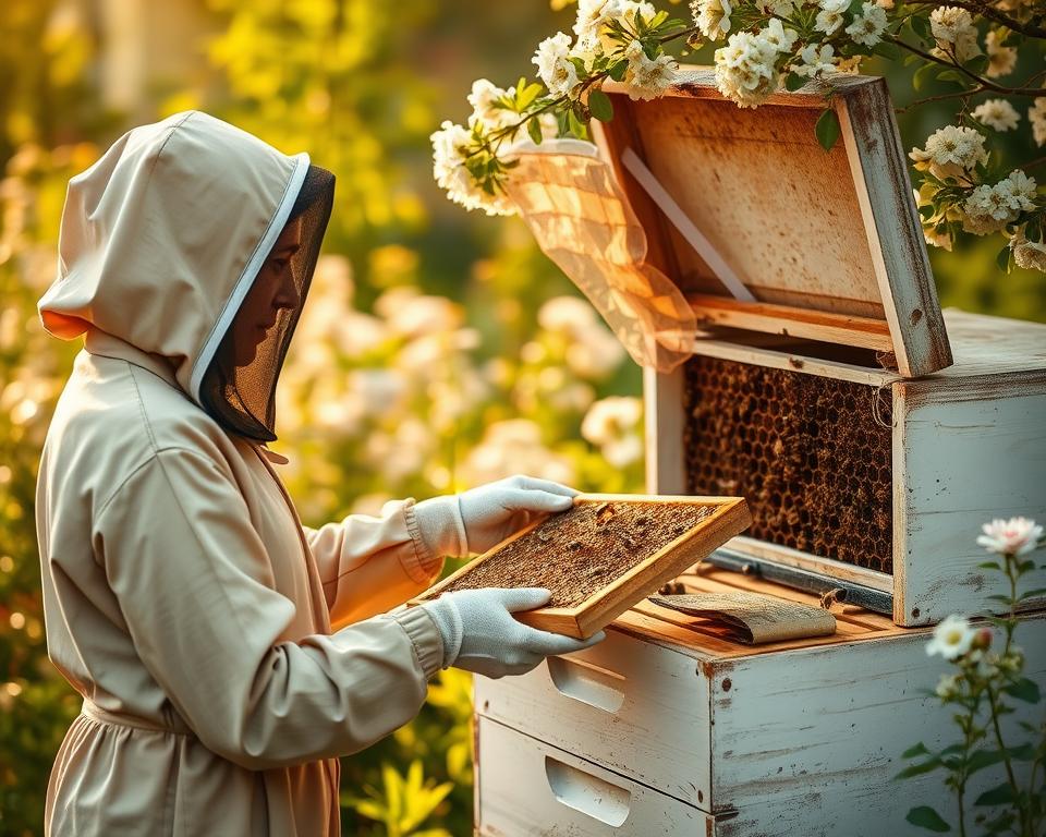 A serene scene depicting a beekeeper practicing gentle hive inspection techniques in a lush garden setting. In the foreground, show a beekeeper dressed in modest clothing, wearing a protective veil and gloves, carefully handling a frame of honeycomb, with bees calmly buzzing around. The middle ground features the open hive with its vibrant bees and frames, illustrating the relationship between the beekeeper and the hive. In the background, include blooming flowers and greenery, bathed in warm, golden sunlight, creating a peaceful and inviting atmosphere. The image should have soft, natural lighting and a slightly blurred background to emphasize the focus on the beekeeper and the hive.