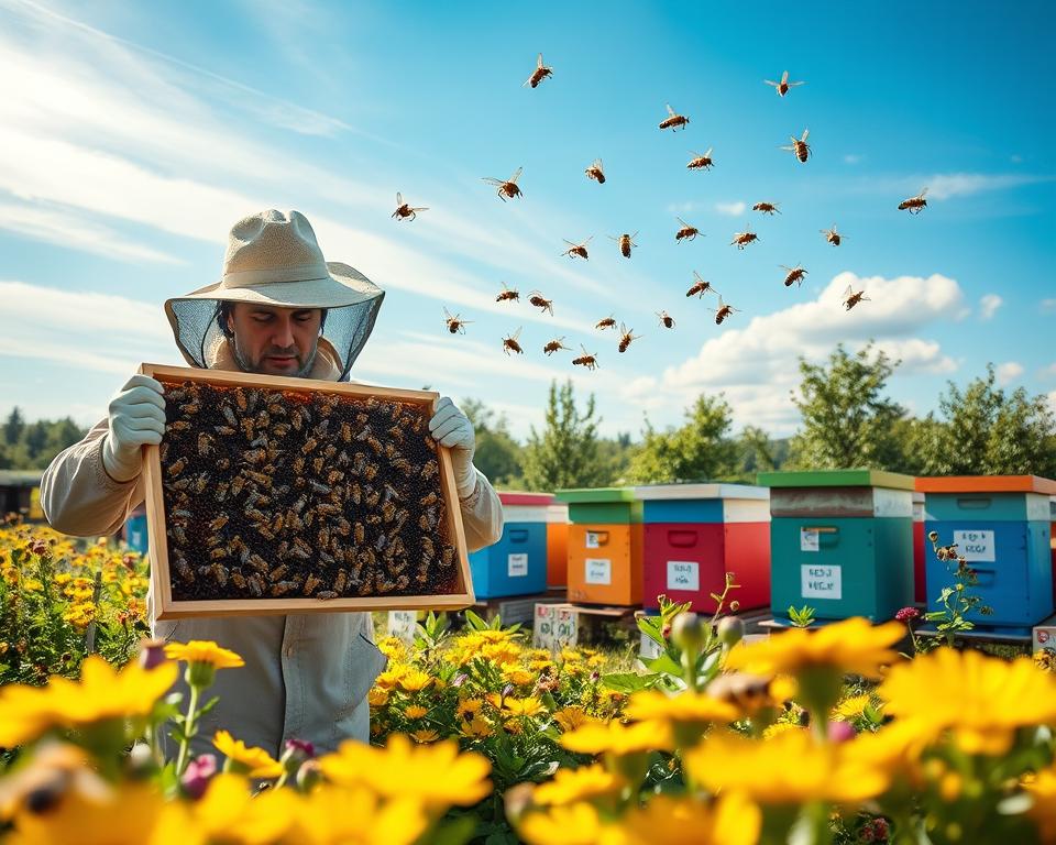 A serene scene depicting an apiary focusing on selective breeding techniques for mite resistance in bees. In the foreground, a beekeeper in a modest outfit carefully examines a frame filled with bees, showcasing multiple bee variations. In the middle ground, several colorful beehives are arranged neatly, each labeled to indicate different breeding lines, surrounded by lush flowering plants. The background features a bright blue sky with soft, diffused sunlight filtering through gentle clouds, creating an atmosphere of optimism and growth. The lens captures the details of the bees in intricate flight, while emphasizing the importance of careful breeding practices. The overall mood is calm and scientific, reflecting dedication to healthy bee populations.