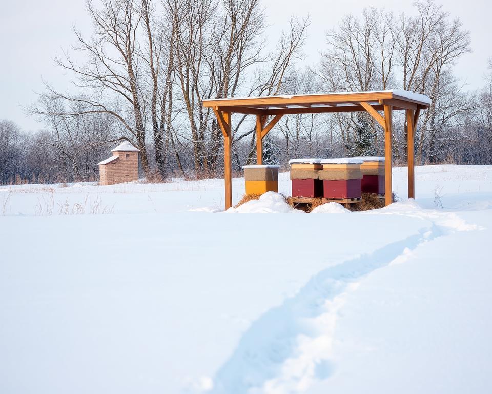 A serene winter landscape depicting beehives nestled under a blanket of snow, showcasing a protective wooden structure around them. In the foreground, a snow-covered field with a faint trail leading to the hives, emphasizing the isolation and care. The middle ground features the beehives, warmly painted in earthy tones, surrounded by straw bales and insulated with burlap to fend off pests. The background showcases leafless trees, their branches dusted with frost, against a pale blue sky, casting a soft, diffused winter light. The scene evokes a feeling of tranquility and care, emphasizing the importance of protecting these vital structures during the harsh winter months. No people are present, maintaining focus on the hives and their surroundings.