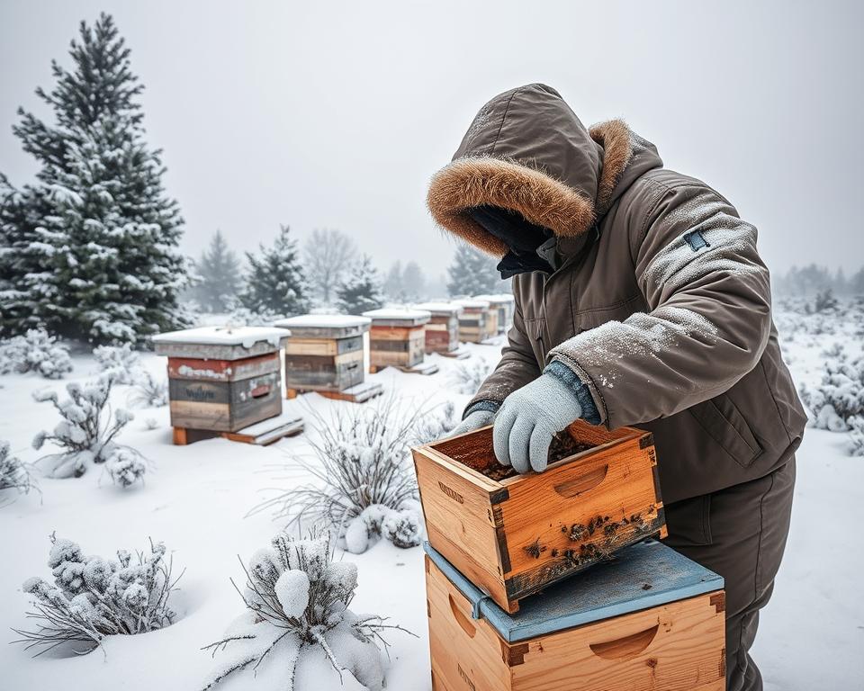 A snowy winter landscape showcasing a beekeeper in a warm, insulated outfit tending to a beehive. In the foreground, the beekeeper gently opens a wooden beehive, with bees visible inside, bundled against the cold. The middle ground features several snow-covered hives surrounded by frosted flowers and pine trees. In the background, a soft gray sky with snowflakes falling creates a serene atmosphere. The scene is well-lit by a diffused, cool winter light that emphasizes the tranquility of the moment. Captured from a low angle to highlight the beekeeper's focused expression and the intricate details of the hives, this image conveys the unique challenges and beauty of winter beekeeping practices.