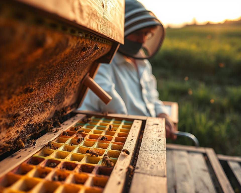 A tranquil apiary scene during the broodless period of a beehive, with a beekeeper in professional attire tending to the hives. In the foreground, a close-up view of a wooden hive with colorful frames being inspected, revealing empty cells and stored honey. The middle layer features the beekeeper, gently using a hive tool, wearing a protective veil and gloves, focused on encouraging brood rearing. In the background, lush green fields under soft, golden hour lighting create a serene atmosphere, while a few bees are visible flying around. The mood is calm and hopeful, emphasizing the nurturing aspect of beekeeping during the transition to a productive brood cycle. The composition captures the essence of a dedicated beekeeper's journey in managing hive health. A tranquil apiary scene during the broodless period of a beehive, with a beekeeper in professional attire tending to the hives. In the foreground, a close-up view of a wooden hive with colorful frames being inspected, revealing empty cells and stored honey. The middle layer features the beekeeper, gently using a hive tool, wearing a protective veil and gloves, focused on encouraging brood rearing. In the background, lush green fields under soft, golden hour lighting create a serene atmosphere, while a few bees are visible flying around. The mood is calm and hopeful, emphasizing the nurturing aspect of beekeeping during the transition to a productive brood cycle. The composition captures the essence of a dedicated beekeeper's journey in managing hive health.