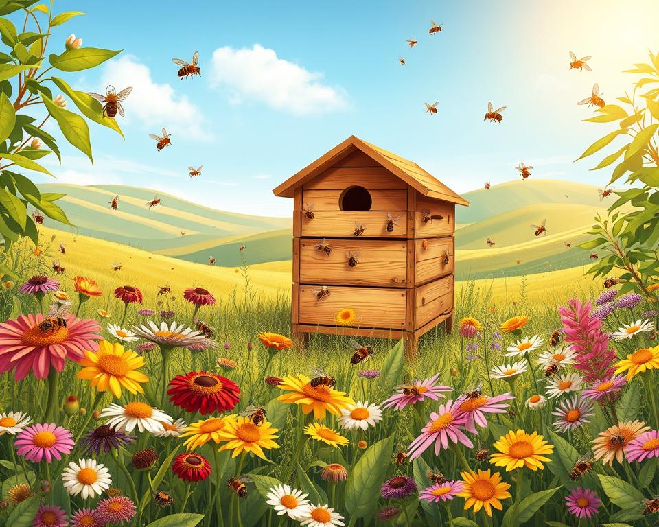 A vibrant and detailed illustration of a healthy bee colony, showcasing bees actively foraging on blooming flowers surrounded by greenery. In the foreground, clusters of various wildflowers display a spectrum of colors, attracting bees busy collecting nectar. The middle ground features a wooden beehive, painted in warm colors, with bees entering and exiting the hive, highlighting colony activity. In the background, gently rolling hills under a clear blue sky create a serene, sunlit atmosphere, enhancing the feeling of a thriving ecosystem. Soft, golden sunlight filters through the leaves, casting a warm glow, while bees, depicted as lively and industrious, are shown in dynamic motion. The overall mood is one of harmony and health, emphasizing the importance of nutrition for bee colonies.