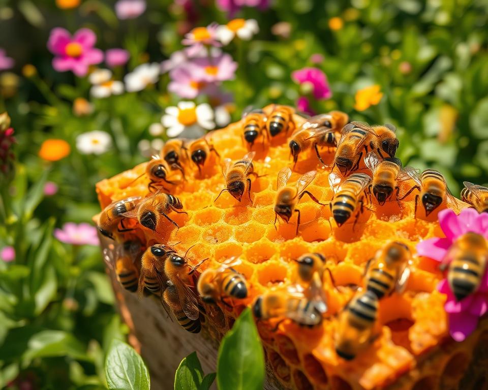 A vibrant and health-focused scene showing a close-up of a colony of pest-resistant bees diligently working on their hive in a lush garden. In the foreground, several bees are seen with noticeable resilience features, such as shiny, robust bodies and an active posture, showcasing their strength against pests. The middle layer includes a honeycomb structure filled with golden honey and capped brood, representing a thriving bee community. In the background, blooming flowers and various greenery create a lively environment, bathed in warm, natural sunlight. The image should be captured as if through a macro lens, highlighting the intricate details of the bees and their surroundings. The mood is optimistic, reflecting the success of mite resistance breeding programs, promoting healthy and sustainable bee populations.