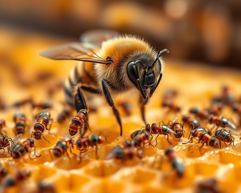 A vibrant close-up depiction of predator mites in action, actively controlling and managing Varroa mites on a honeybee. In the foreground, detailed images of the predator mites showcasing their distinctive features, surrounded by the Varroa mites in disarray, creating a sense of dynamic interaction. In the middle ground, the honeybee appears calm yet vigilant, situated on a honeycomb, emphasizing the balance of nature. The background should be softly blurred to suggest a natural environment, with hints of a beehive's interior. Natural sunlight filters through, casting soft, warm light that enhances the organic feel of the scene. The overall mood is one of harmony and resilience in nature, highlighting the predator mites' role in controlling the Varroa mite population.