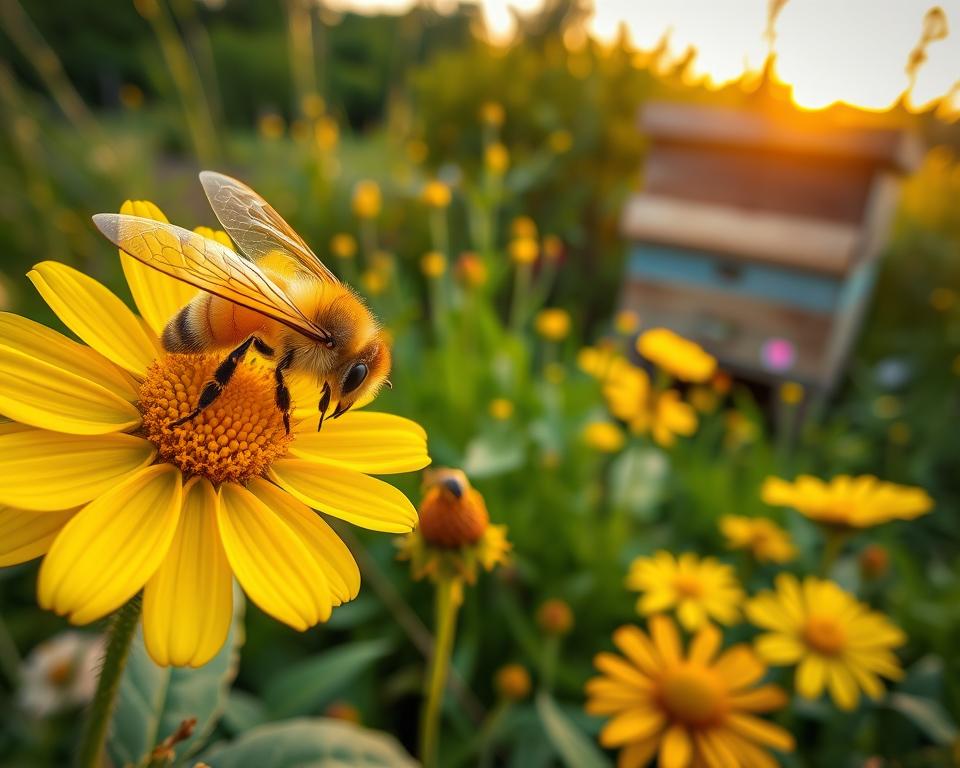 A vibrant, close-up image of a healthy honeybee perched on a bright yellow flower, showcasing the bee's intricate body with glistening wings and pollen grains. In the foreground, capture the bee in sharp detail, emphasizing its role in pollination. In the middle ground, a variety of flowering plants in a diverse landscape symbolize a thriving ecosystem. The background features a beehive, surrounded by lush greenery under a golden hour sunset, providing warm, soft lighting that enhances the scene's warmth and vitality. The atmosphere is tranquil and harmonious, reflecting a healthy environment for bees, highlighting best practices for their health and prevention of diseases like American Foulbrood. A vibrant, close-up image of a healthy honeybee perched on a bright yellow flower, showcasing the bee's intricate body with glistening wings and pollen grains. In the foreground, capture the bee in sharp detail, emphasizing its role in pollination. In the middle ground, a variety of flowering plants in a diverse landscape symbolize a thriving ecosystem. The background features a beehive, surrounded by lush greenery under a golden hour sunset, providing warm, soft lighting that enhances the scene's warmth and vitality. The atmosphere is tranquil and harmonious, reflecting a healthy environment for bees, highlighting best practices for their health and prevention of diseases like American Foulbrood.