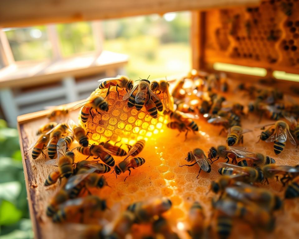 A vibrant scene showcasing honeybee behavior within a beehive, prominently featuring bees actively working around a queen excluder. In the foreground, a close-up view of bees clustered around the queen excluder, showcasing their intricate bodies and delicate wings, while a couple of worker bees are seen inspecting cells. In the middle ground, the inside of the hive is visible, with honeycomb structures filled with pollen and honey, glowing under the soft, warm light. The background includes a blurred view of the hive structure and outside garden, with sunlight streaming through, creating a tranquil and productive atmosphere. The image evokes a sense of diligence and harmony within the colony, with a focus on the significance of the queen excluder in maintaining colony health.