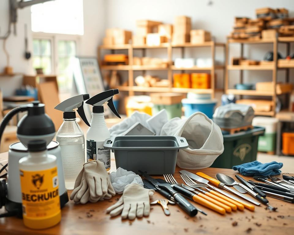 A visually engaging and informative representation of beekeeping gear sterilization practices. In the foreground, a well-organized workspace features various sterilization tools: a steam cleaner, disinfectant sprays, and a large basin for soaking equipment. The middle ground showcases neatly arranged beekeeping gear, including gloves, veils, and hive tools, all gleaming from recent sterilization. In the background, a bright, airy workshop bathed in natural light highlights shelves stocked with additional beekeeping equipment. Captured from a slightly elevated angle, the scene conveys a sense of cleanliness and professionalism. The mood is meticulous and focused, embodying the importance of regular sterilization within beekeeping practices.