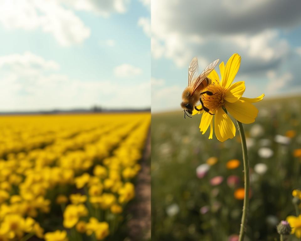 A vivid split scene illustrating the impact of monoculture on bee health. In the foreground, a close-up of a bee delicately hovering over a single crop flower, such as a yellow canola bloom, showcasing its intricate details and wings. In the middle ground, rows of identical crops stretch across the landscape, marked by a lack of biodiversity, color, and variation. The background features a blurred patch of wildflowers, hinting at the natural habitat that bees thrive in. Soft, diffused daylight filters through a partly cloudy sky, casting a warm glow over the crops. The mood is contemplative, highlighting the stark contrast between monoculture and a thriving ecosystem, emphasizing the urgency of bee health amidst agricultural practices.
