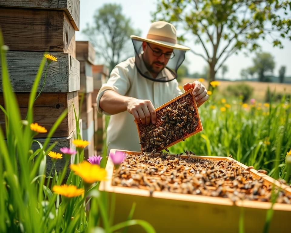 An apiary scene focused on healthy bee colonies recovering from chalkbrood disease. In the foreground, well-maintained beehives adorned with vibrant flowers and green grasses, bees actively buzzing around. The middle ground features a beekeeper in modest, professional attire carefully inspecting a hive frame filled with healthy bees. The background reveals a sunlit landscape with a variety of flowering plants and trees, suggesting a thriving ecosystem. Soft, natural lighting enhances the scene, creating a warm and optimistic atmosphere. The angle should showcase the beekeeper’s attentive interaction with the bees while emphasizing the healthy environment around them, embodying recovery and resilience in beekeeping.