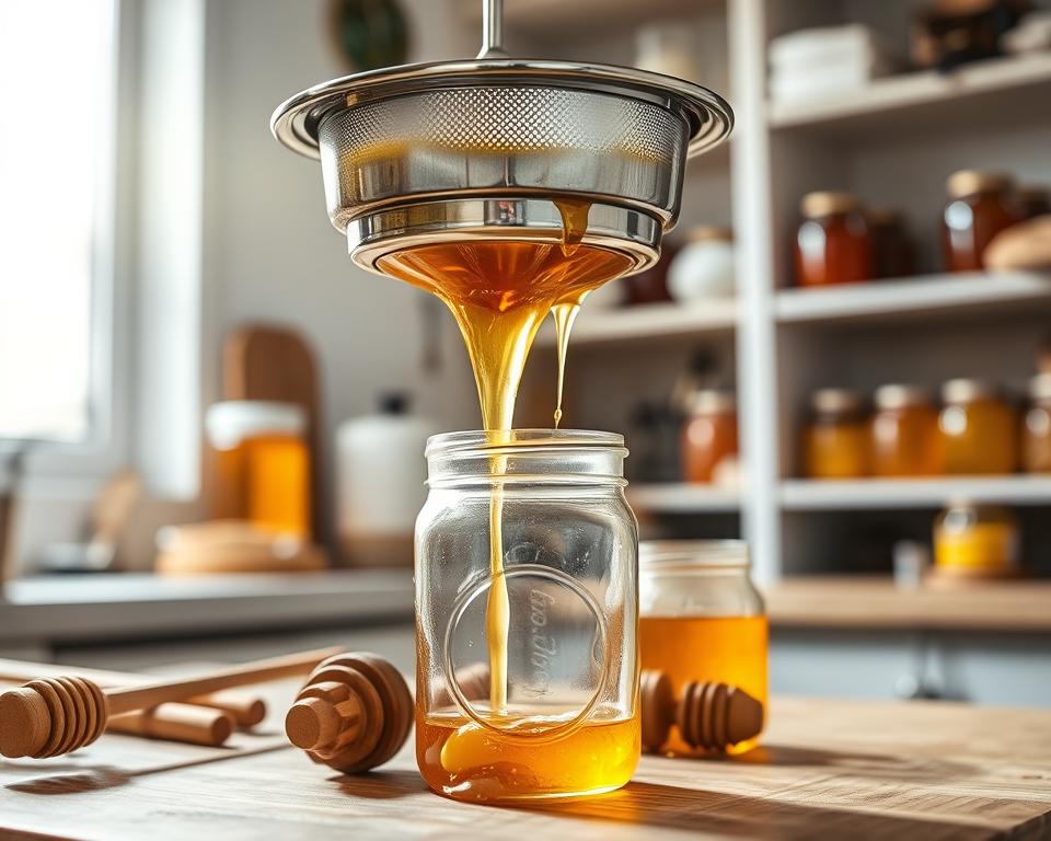 In a bright, well-lit kitchen, a close-up view of the honey filtering process takes center stage. In the foreground, a stainless steel honey strainer sits atop a clear glass jar, with fresh honey flowing through it, glistening in the light. The honey is rich and golden, dripping slowly into the jar below. In the middle, an open jar of raw honey lies beside the straining equipment, with beeswax remnants visible. The background features soft-focus shelves filled with beekeeping tools and jars of honey, adding context and warmth to the scene. Soft natural light pours in through a nearby window, casting gentle shadows and creating a cozy, industrious atmosphere, emphasizing the meticulous effort of filtering honey.