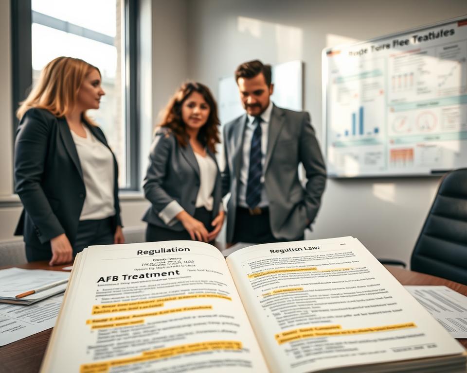 In a professional office setting, a diverse group of three individuals—two women and one man—in business attire stands around a large table covered with documents discussing AFB Treatment Regulations. The foreground features a detailed view of an open regulation book with highlighted sections detailing state laws pertaining to American Foulbrood treatment. In the middle, the individuals are engaged in conversation, with one pointing to a specific section in the book. The background shows a whiteboard filled with charts and graphs related to honeybee health. Soft, natural lighting streams through a nearby window, creating a focused, collaborative atmosphere. The composition should convey a sense of professionalism and urgency regarding the importance of state regulations in managing AFB. In a professional office setting, a diverse group of three individuals—two women and one man—in business attire stands around a large table covered with documents discussing AFB Treatment Regulations. The foreground features a detailed view of an open regulation book with highlighted sections detailing state laws pertaining to American Foulbrood treatment. In the middle, the individuals are engaged in conversation, with one pointing to a specific section in the book. The background shows a whiteboard filled with charts and graphs related to honeybee health. Soft, natural lighting streams through a nearby window, creating a focused, collaborative atmosphere. The composition should convey a sense of professionalism and urgency regarding the importance of state regulations in managing AFB.