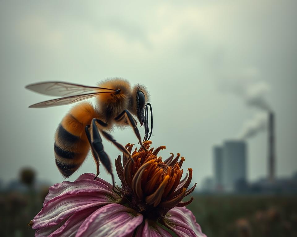 A close-up image of a bee struggling to pollinate a wilting flower, surrounded by a haze of smog and particulate matter, symbolizing air pollution. In the foreground, the bee has a blurred, fragile appearance, with pollen dust clinging to its legs. In the middle ground, the dilapidated flower shows signs of decay, with colors muted and petals browning. The background features an industrial skyline with smokestacks emitting thick plumes of smoke, contrasting with a clear sky. The lighting is dim and overcast, creating a somber and urgent mood, intended to evoke concern about environmental impact on bees. The composition is captured with a macro lens, emphasizing the details on the bee and the flower, while blurring the background slightly to focus attention on the central theme. A close-up image of a bee struggling to pollinate a wilting flower, surrounded by a haze of smog and particulate matter, symbolizing air pollution. In the foreground, the bee has a blurred, fragile appearance, with pollen dust clinging to its legs. In the middle ground, the dilapidated flower shows signs of decay, with colors muted and petals browning. The background features an industrial skyline with smokestacks emitting thick plumes of smoke, contrasting with a clear sky. The lighting is dim and overcast, creating a somber and urgent mood, intended to evoke concern about environmental impact on bees. The composition is captured with a macro lens, emphasizing the details on the bee and the flower, while blurring the background slightly to focus attention on the central theme.