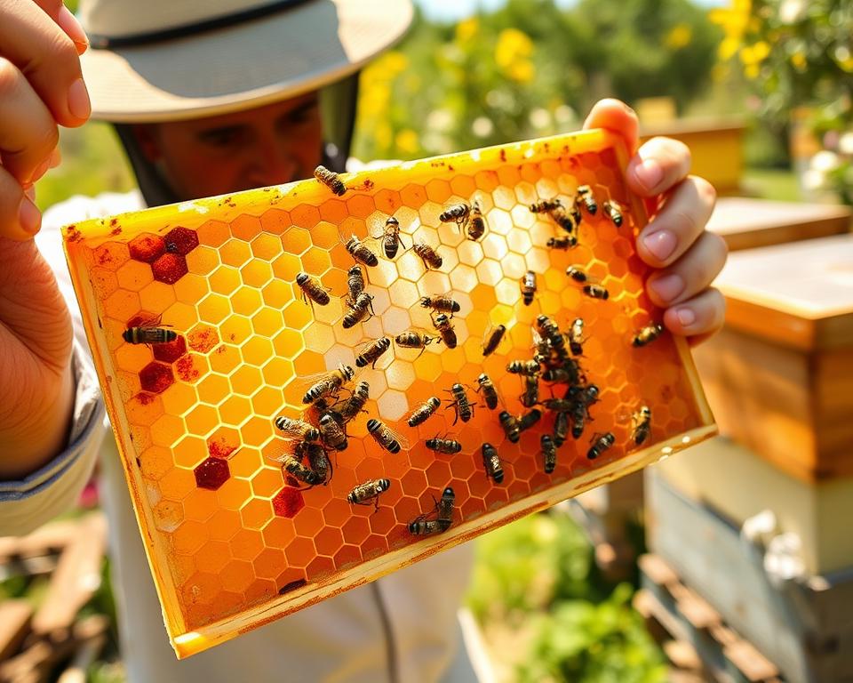 A detailed honeycomb replacement guide, featuring a close-up view of a well-structured honeycomb frame in vibrant yellows and browns, with a focus on the hexagonal cells. In the foreground, a beekeeper in modest, professional attire holds the frame carefully, examining it for signs of wear. The middle section displays bees actively working on the comb, illustrating their busy nature. In the background, a bright, sunlit apiary with flowering plants and wooden hives is visible, creating a sense of a thriving environment. The lighting is warm and inviting, enhancing the golden hues of the honeycomb. The image conveys a calm and informative atmosphere, perfect for educating beekeepers on the importance of replacing old comb. The angle is slightly tilted to give depth, providing a dynamic perspective. A detailed honeycomb replacement guide, featuring a close-up view of a well-structured honeycomb frame in vibrant yellows and browns, with a focus on the hexagonal cells. In the foreground, a beekeeper in modest, professional attire holds the frame carefully, examining it for signs of wear. The middle section displays bees actively working on the comb, illustrating their busy nature. In the background, a bright, sunlit apiary with flowering plants and wooden hives is visible, creating a sense of a thriving environment. The lighting is warm and inviting, enhancing the golden hues of the honeycomb. The image conveys a calm and informative atmosphere, perfect for educating beekeepers on the importance of replacing old comb. The angle is slightly tilted to give depth, providing a dynamic perspective.