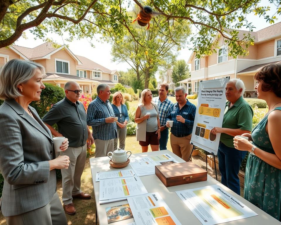 A serene community meeting in a sunny suburban neighborhood, focused on beekeeping noise restrictions. In the foreground, a well-dressed woman in professional attire stands beside a table covered with informative pamphlets about beekeeping and noise awareness. The middle ground features diverse neighbors—men and women of varying ages—engaged in discussion, some holding coffee cups, others pointing at a poster that illustrates sound levels near hives. The background shows well-maintained homes and flowering gardens, with bees gently buzzing around flowers, evoking a peaceful atmosphere. Soft, natural lighting filters through trees, casting dappled shadows, while a wide-angle view captures the friendly engagement of the community. The scene conveys a sense of collaboration and understanding in promoting neighborhood awareness. A serene community meeting in a sunny suburban neighborhood, focused on beekeeping noise restrictions. In the foreground, a well-dressed woman in professional attire stands beside a table covered with informative pamphlets about beekeeping and noise awareness. The middle ground features diverse neighbors—men and women of varying ages—engaged in discussion, some holding coffee cups, others pointing at a poster that illustrates sound levels near hives. The background shows well-maintained homes and flowering gardens, with bees gently buzzing around flowers, evoking a peaceful atmosphere. Soft, natural lighting filters through trees, casting dappled shadows, while a wide-angle view captures the friendly engagement of the community. The scene conveys a sense of collaboration and understanding in promoting neighborhood awareness.