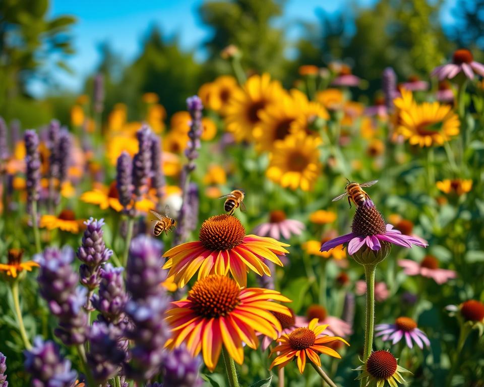 A vibrant garden brimming with bee-friendly plants such as lavender, sunflowers, and echinacea, creating a lush and inviting environment. In the foreground, bees are actively pollinating colorful flowers, showcasing their vital role in the ecosystem. The middle ground features an assortment of blooming plants with rich textures and details, bathed in warm, golden daylight. In the background, gently blurred greenery and a blue sky provide a serene backdrop, enhancing the natural setting. The scene is illuminated by soft sunlight, casting gentle shadows and creating a warm, hopeful atmosphere, reflecting the importance of creating safe havens for bees amidst urban air pollution. The composition is balanced and inviting, capturing the essence of a harmonious, bee-friendly ecosystem. A vibrant garden brimming with bee-friendly plants such as lavender, sunflowers, and echinacea, creating a lush and inviting environment. In the foreground, bees are actively pollinating colorful flowers, showcasing their vital role in the ecosystem. The middle ground features an assortment of blooming plants with rich textures and details, bathed in warm, golden daylight. In the background, gently blurred greenery and a blue sky provide a serene backdrop, enhancing the natural setting. The scene is illuminated by soft sunlight, casting gentle shadows and creating a warm, hopeful atmosphere, reflecting the importance of creating safe havens for bees amidst urban air pollution. The composition is balanced and inviting, capturing the essence of a harmonious, bee-friendly ecosystem.