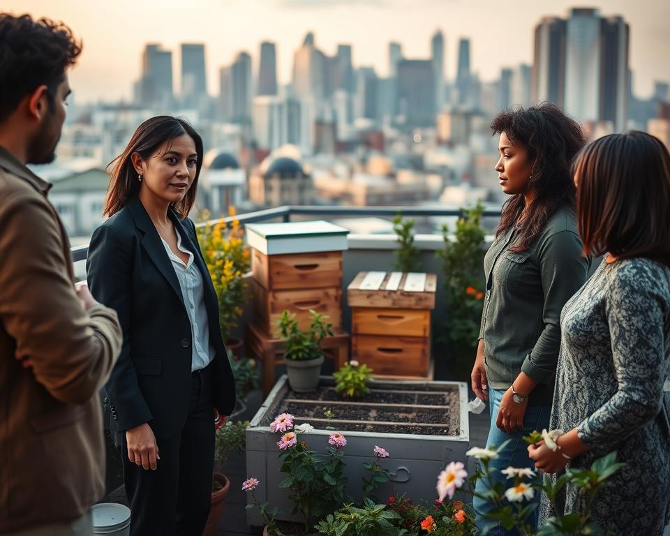 An urban beekeeping scene showcasing a diverse group of four individuals engaged in conflict resolution with neighbors. In the foreground, a woman in professional attire calmly discusses the benefits of beekeeping with a concerned neighbor, who looks intrigued but cautious. The middle section features two hives in a well-kept rooftop garden, surrounded by flowering plants, illustrating a harmonious coexistence. In the background, a city skyline under soft evening light conveys a vibrant urban environment. The mood is collaborative and positive, highlighting peace and understanding. Use soft, natural lighting to enhance the tranquility of the scene, captured with a slightly elevated angle to encompass both the hives and the neighborhood interactions. Emphasize greenery and urban elements to create a balanced atmosphere of nature within the city. An urban beekeeping scene showcasing a diverse group of four individuals engaged in conflict resolution with neighbors. In the foreground, a woman in professional attire calmly discusses the benefits of beekeeping with a concerned neighbor, who looks intrigued but cautious. The middle section features two hives in a well-kept rooftop garden, surrounded by flowering plants, illustrating a harmonious coexistence. In the background, a city skyline under soft evening light conveys a vibrant urban environment. The mood is collaborative and positive, highlighting peace and understanding. Use soft, natural lighting to enhance the tranquility of the scene, captured with a slightly elevated angle to encompass both the hives and the neighborhood interactions. Emphasize greenery and urban elements to create a balanced atmosphere of nature within the city.